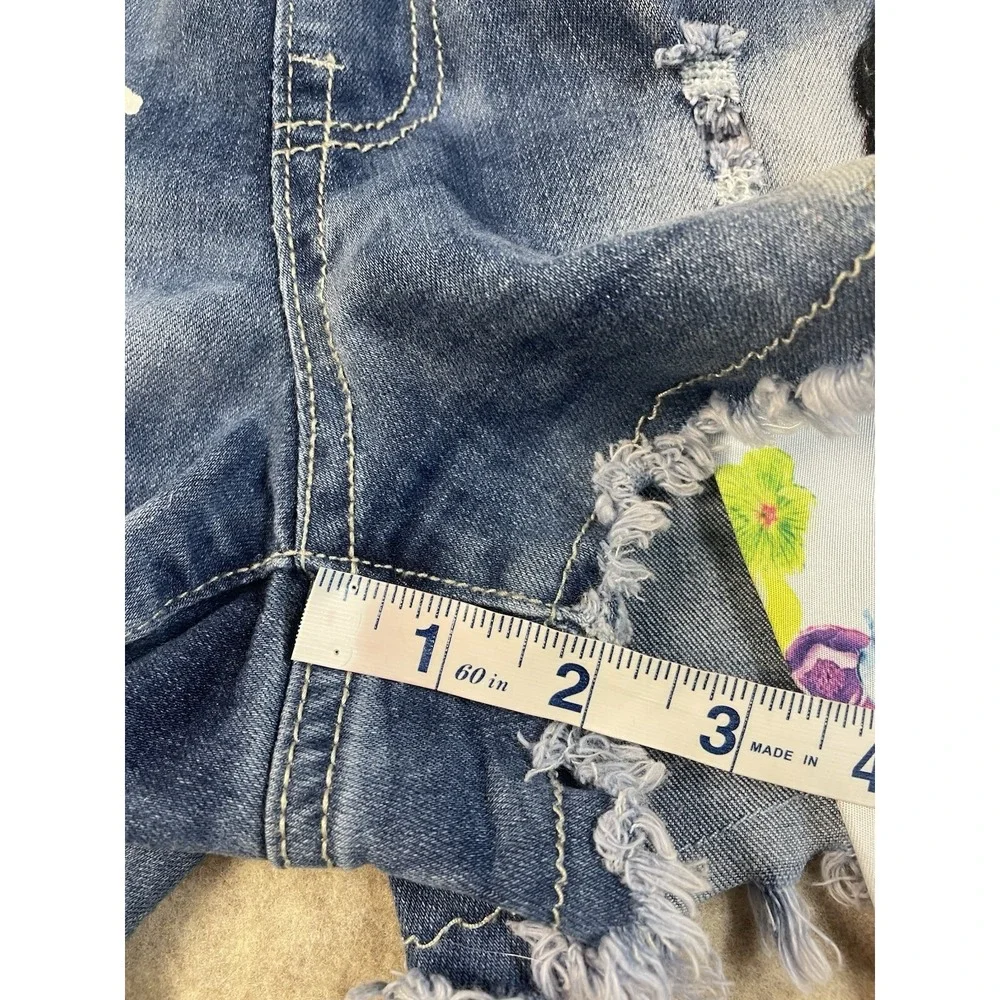 Denim Jean Girls ShortAlls Artsey Vibrant Patches Distressed Hem Painted Paris M